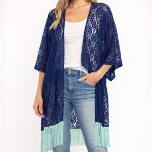 LulaRoe Blue Lace Fringe Kimono Cardigan